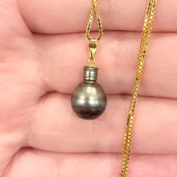 Vintage Tahitian Pearl Pendant: 18K Yellow Gold Solitaire, Elegant Dainty - Picture 8 of 13